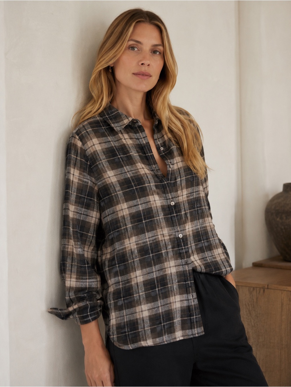 Jenni Kayne Brown and Black Plaid Lightweight Flannel button down size xs